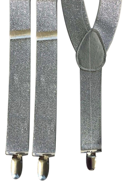 Zilveren lurex bretels met drie zilveren metalen clips en Y-vormige rug voor een discofeest