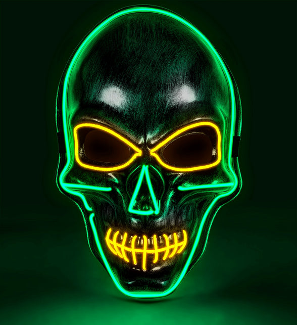 Zilveren schedel masker met gekleurd ledlicht, groene contouren en oranje tanden voor Halloween