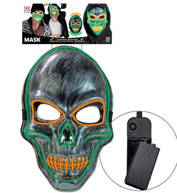 Zilveren schedel masker met ledlicht in verpakking, met los batterijkastje en elastieken band
