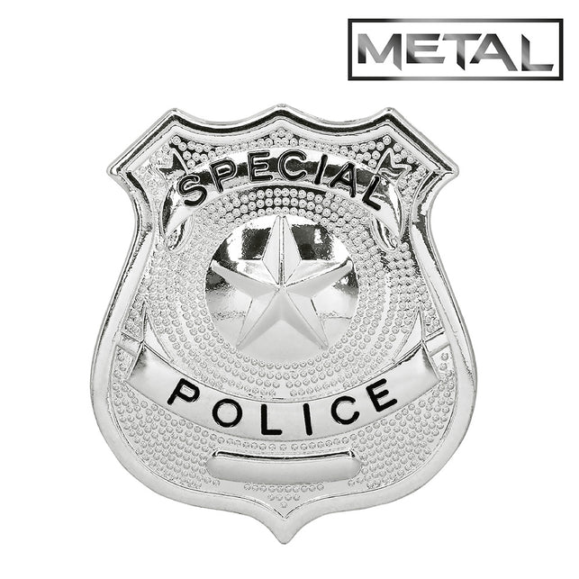 Zilverkleurige politiebadge in schildvorm met ster en de opschriften SPECIAL en POLICE