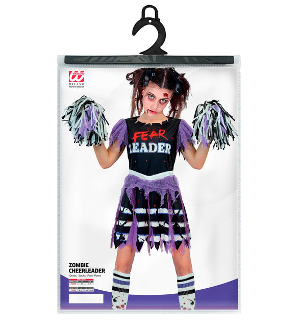 Zombie cheerleader kinderkostuum in verpakking met maattabel 116 tot 164 cm