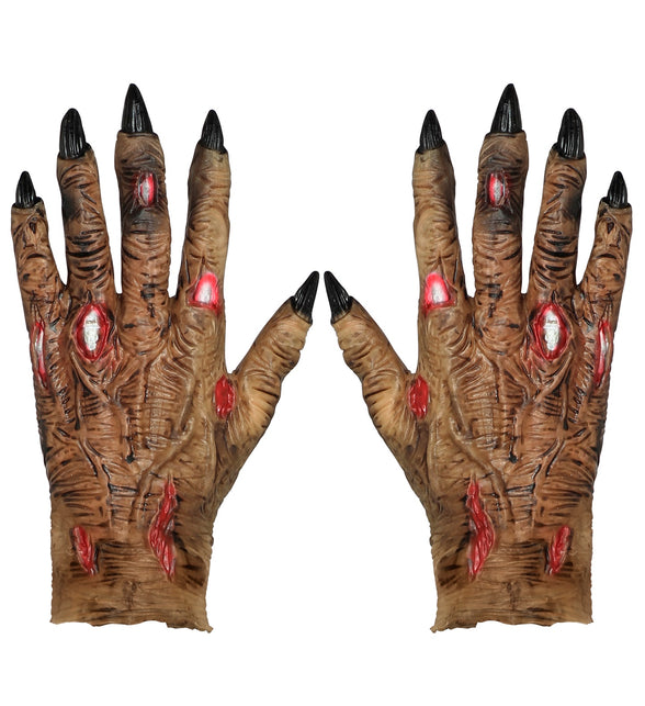 Zombie handschoenen in bruin met zwarte klauwnagels en rode wonden, paar voor Halloween