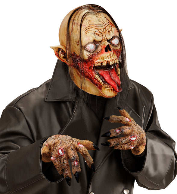 Zombie handschoenen close-up: gerimpelde bruine huid, wonden en spitse zwarte klauwen