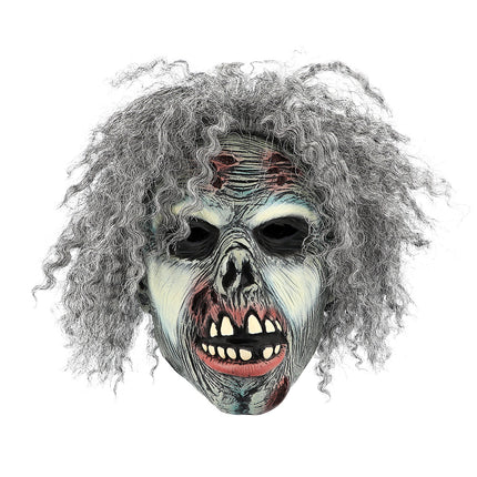Zombie hoofdmasker van latex met wonden op het voorhoofd, rode mond en gele tanden