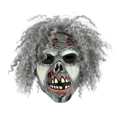 Zombie hoofdmasker van latex met wonden op het voorhoofd, rode mond en gele tanden