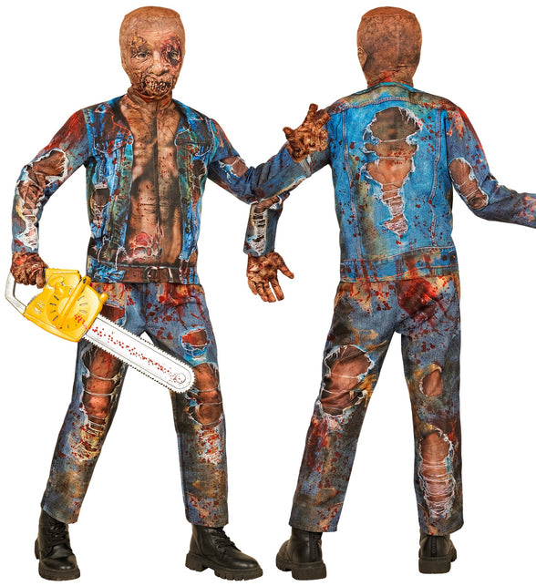 Zombie kostuum kinderen met blauwe jeansjas, gaten in de broek en zombiemasker met beschadigd oog