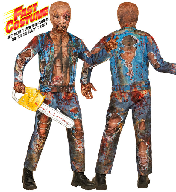 Zombie kostuum Liv kinderen voor- en achterkant met gescheurde denimprint en bloedvlekken voor Halloween