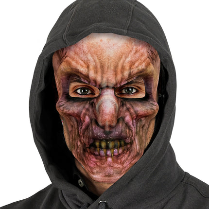 Zombie masker van stof onder zwarte capuchon, paarsroze verkleuring rond de ogen