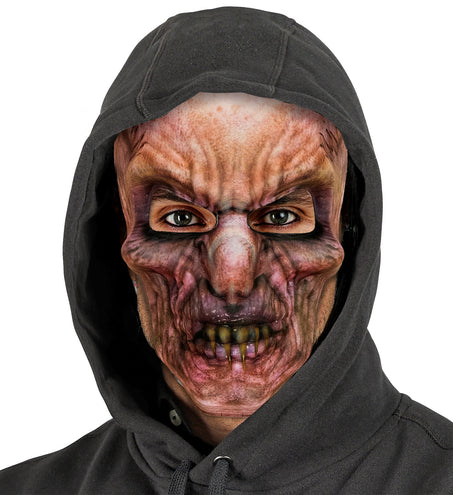 Zombie masker van stof onder zwarte capuchon, paarsroze verkleuring rond de ogen