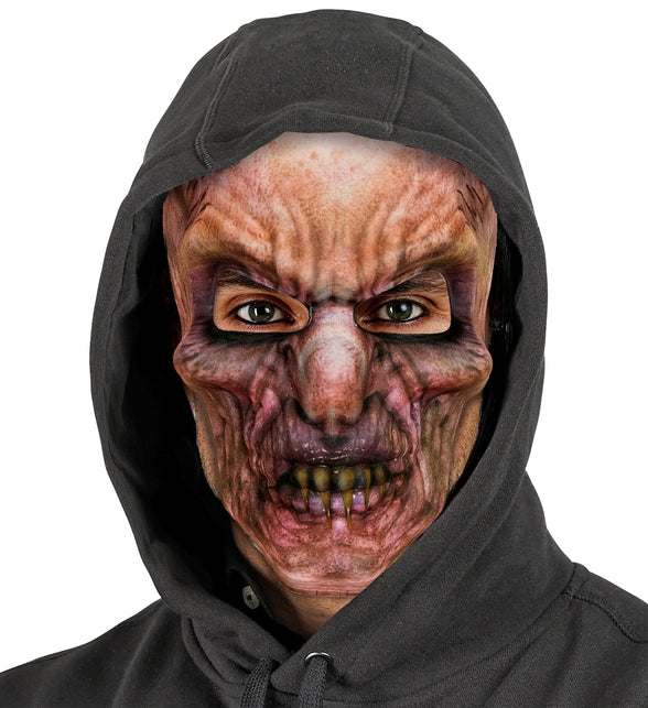 Zombie masker van stof onder zwarte capuchon, paarsroze verkleuring rond de ogen