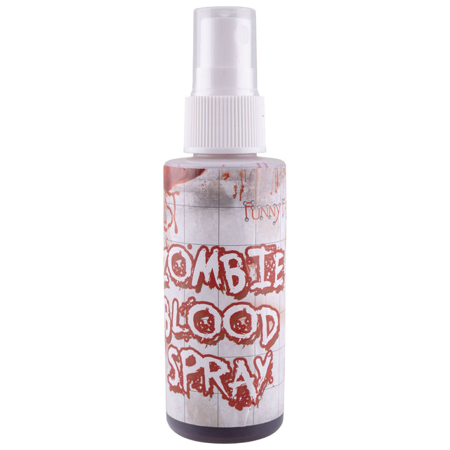 Zombie nep bloedspray in kunststof flesje met witte pomp en donkerrood nepbloed, voor Halloween