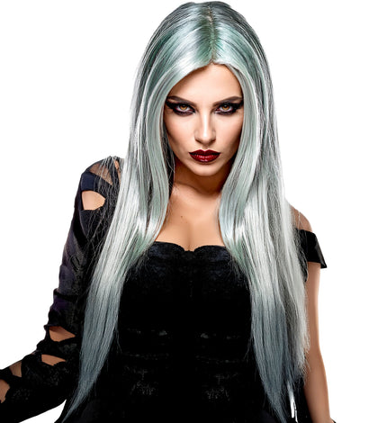 Zombie pruik Jill dames met lang steil grijsgroen haar en middenscheiding voor Halloween
