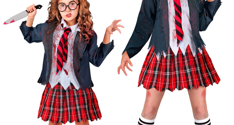 Zombie schoolmeisje kostuum Emma kinderen met bebloede jas en rood geruit rokje voor Halloween