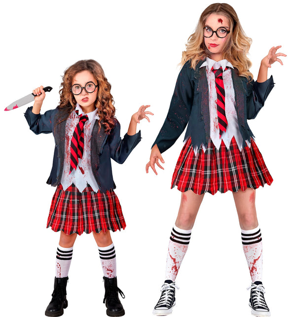 Zombie schoolmeisje kostuum Emma kinderen met bebloede jas en rood geruit rokje voor Halloween