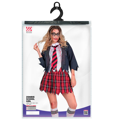 Zombie schoolmeisje kostuum Emma in verpakking met jas, shirt, rokje, stropdas en sokken