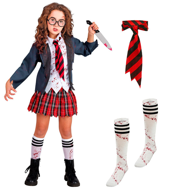 Zombie schoolmeisje kostuum met losse rood-zwart gestreepte stropdas en bebloede kniesokken