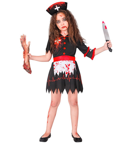 Zombie verpleegster kostuum Evi met rode knopen, wit schortje en hartslaglijn op de rok, voor Halloween