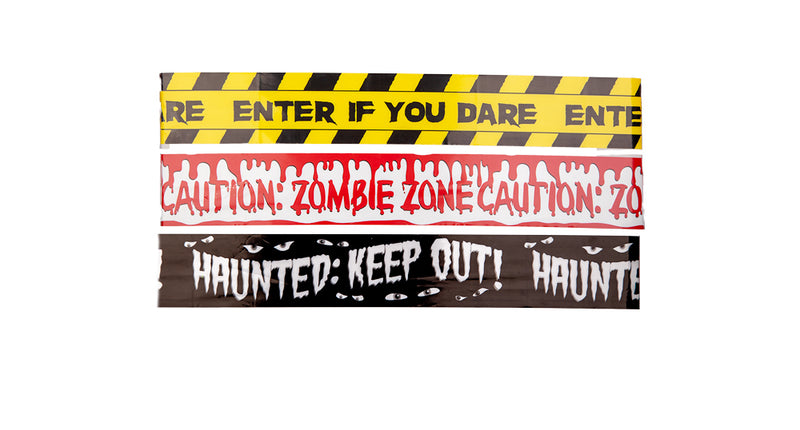 Zombie zone caution tape 3-pak met geel gestreept, druipend rood en zwart lint voor Halloween