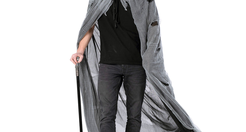 Zombiecape 180 cm in grijs gaas met scheuren en zwarte capuchon, gedragen voor Halloween