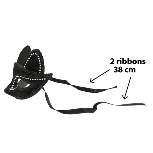 Zwart kattenmasker van zijkant met twee linten van 38 cm om vast te knopen