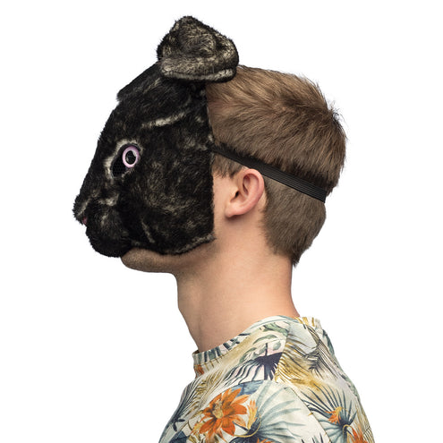 Zwart konijnenmasker van zijkant, halfmasker met band achter het hoofd