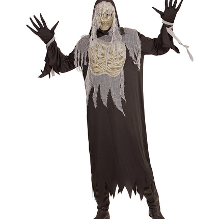 Zwart mummiepak heren met mummiemasker en gerafelde gaasrepen over het lange gewaad