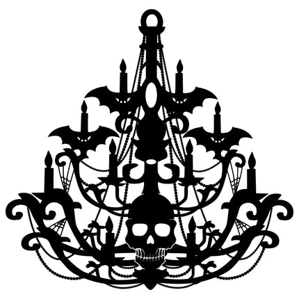 Zwart silhouet van de Halloween kandelaar met doodshoofd, spinnenwebben en kralensnoeren