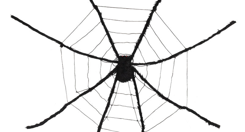 Zwart spinnenweb XL met grote harige spin en acht lange pluizige poten als Halloween decoratie