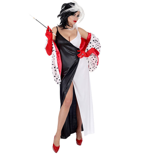 Zwart-witte Cruella jurk dames met hoge split aan de voorzijde en losse dalmatiercape