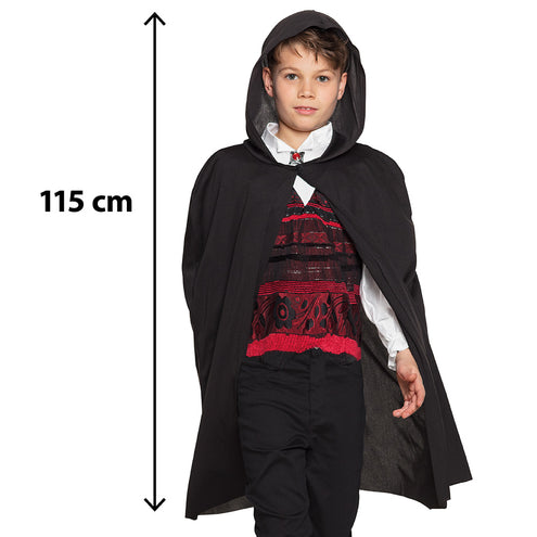 Zwarte cape kind Dusk met lengtemaat 115 cm inclusief kap, kap over het hoofd gedragen