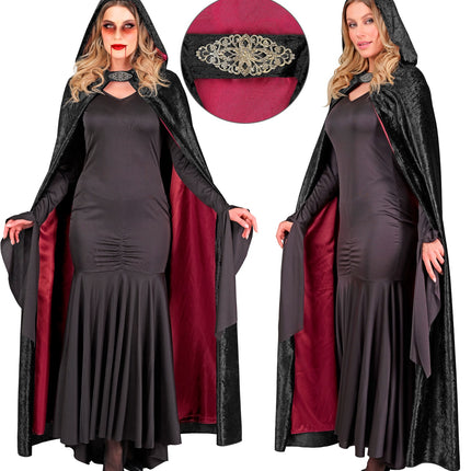 Zwarte cape met rode voering over lange zwarte jurk, gotische Halloweenlook voor dames