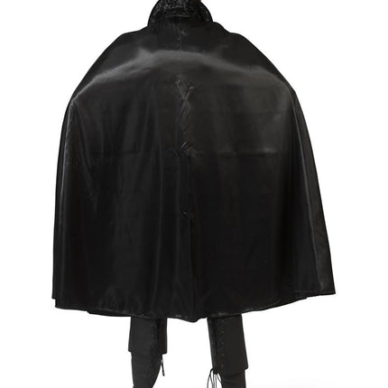 Zwarte cape Zorro met glans van achteren, ruim uitlopend met opstaande kraag