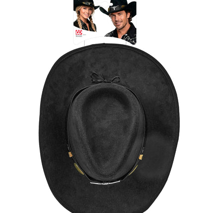 Zwarte cowboyhoed Dallas van bovenaf met brede rand en zwarte binnenband