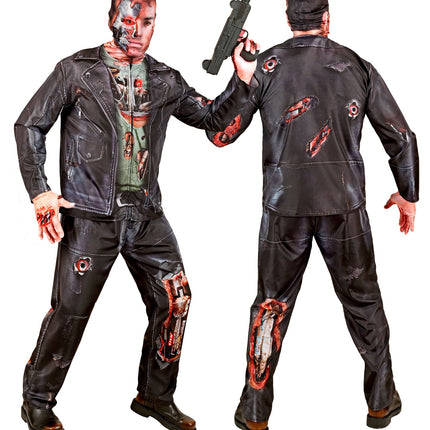 Zwarte cyborg broek met opengereten knie en zilvergrijze robotmechaniek, achterzijde met kogelgaten
