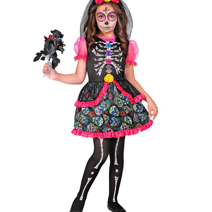 Zwarte dag van de doden jurk met wit skeletfront, roze tule pofmouwen en bloemenhoofdband met sluier