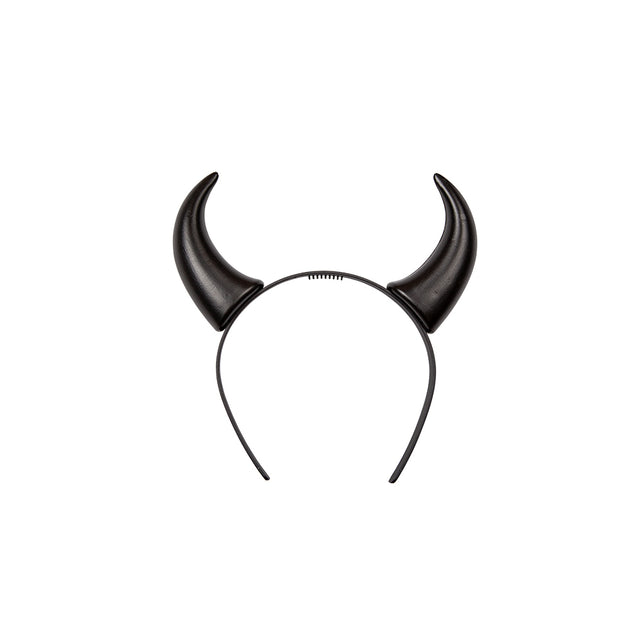 Zwarte duivelhoorntjes diadeem Satan met twee gebogen spitse hoorntjes op smalle zwarte haarband