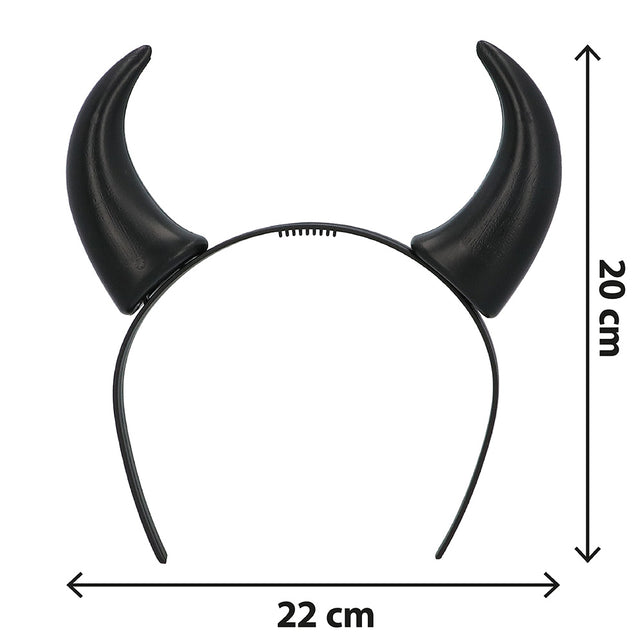 Zwarte duivelhoorntjes op smalle haarband, 20 cm hoog en 22 cm breed