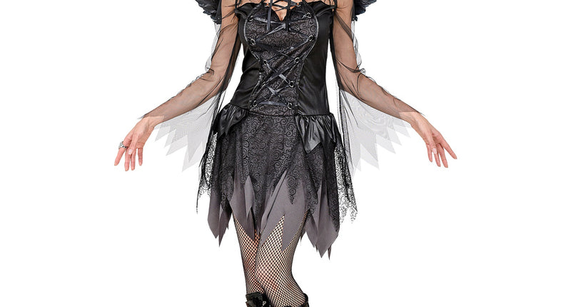 Zwarte engel jurk dames in zwart en grijs met vetersluiting, vleugels en halo voor Halloween