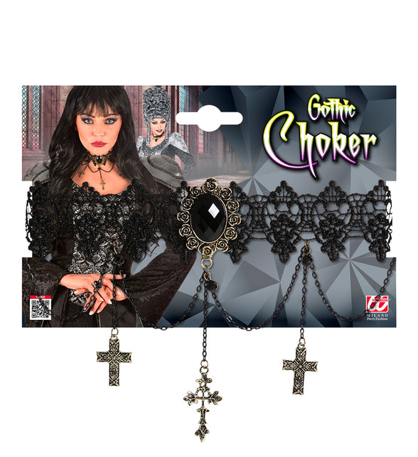 Zwarte gothic halsband met kruizen op verpakking van Widmann, met kanten band en zwart facetsteentje