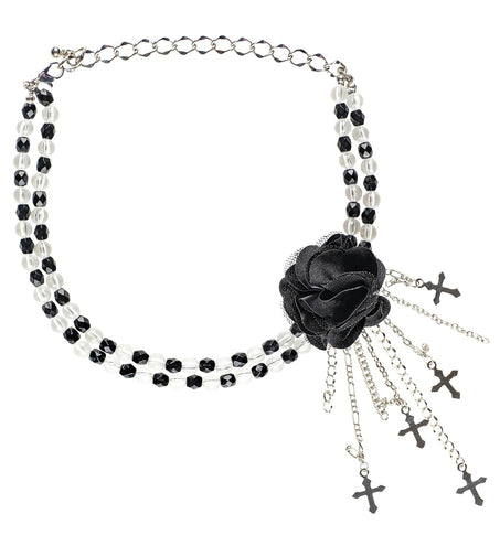 Zwarte gothic ketting met roos, choker met zwarte en heldere kralen en karabijnsluiting
