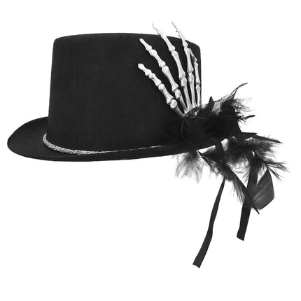 Zwarte Halloween hoed skelet hand van de zijkant met zwarte veren, tule en linten