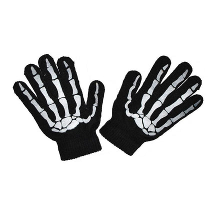 Zwarte handschoenen met witte skelethand over vingers en handrug, met geribde boord