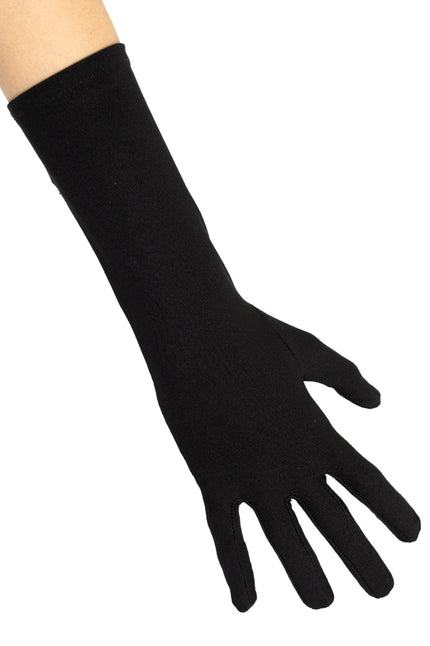 Zwarte lange handschoen van nylon tot over de onderarm, gedragen aan de hand
