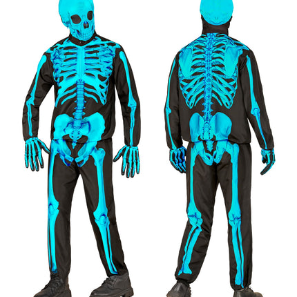 Zwarte skeletjas en broek met blauwe ribbenkast- en wervelkolomprint voor kinderen