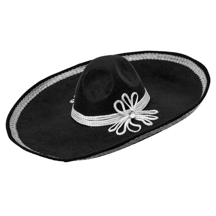 Zwarte sombrero El Charro van zijkant met brede rand en zilveren bies