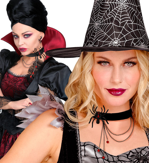 Zwarte spinnen choker gedragen bij een heksen- en vampierlook op een griezelfeest
