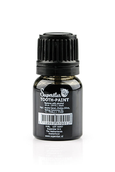Zwarte tandenlak in flesje van 9 ml met geribbelde zwarte schroefdop, voor rotte tanden tijdens Halloween
