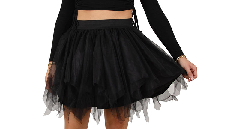 Zwarte tule petticoat dames met brede tailleband en gepunte zoom, 45 cm lang