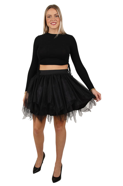 Zwarte tule petticoat dames met brede tailleband en gepunte zoom, 45 cm lang