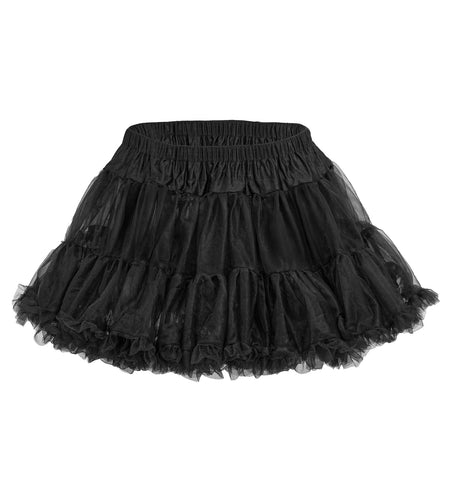 Zwarte tutu detail: brede elastische tailleband en gerimpelde tule zoom
